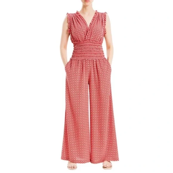 Max Studio Wide Leg Crepe Smocked Jumpsuit - Picture 1 of 6